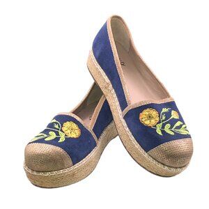 Jax & Bard Embroidered Espadrille Platform Flats Blue Gold Floral Suede Size 39